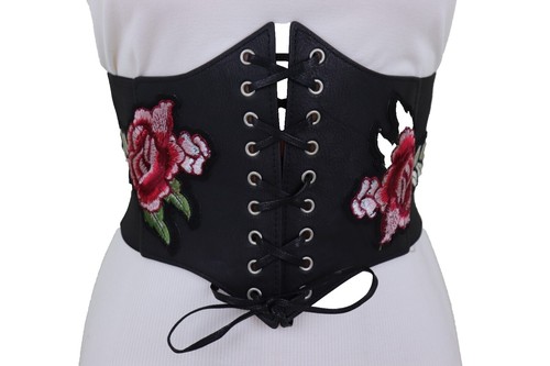 Elastic Flower Lace-up Corset Belt Stretchy Tied Black 