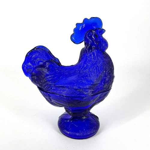 Cobalt Blue Standing Rooster Candy Dish Bowl Depression Style Glass Vintage