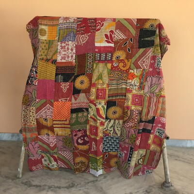 Einheitsgröße Baumwolle Kantha Quilt Indische Handarbeit Patchwork Überwurf V...