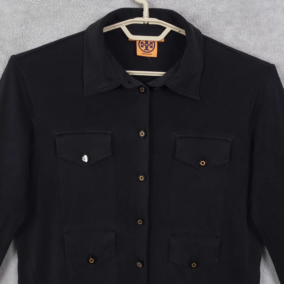 Платье Tory Burch на пуговицах 100% шелк черное размер XL карманы с длинным рукавом с воротником - Изображение 3 из 4