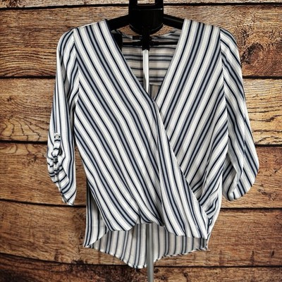 West Kei Blouse Women's Small Striped V-Neck Wrap 3/4 Sleeve