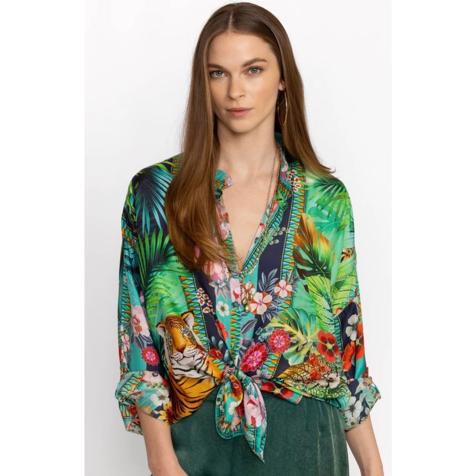 Camisa Johnny Was Tigres Et Fleurs Seda Abotonada Tropical Tiger XS Blusa Foto 2 de 4