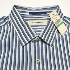 NEW Tommy Bahama Large Vertical Striped Blue Button Up Men’s Shirt Long Sleeve
