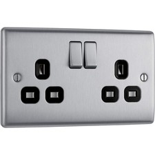 Image of BG Nexus Brushed Steel 2 Gang Switched Socket Black Inserts 13 Amp DP