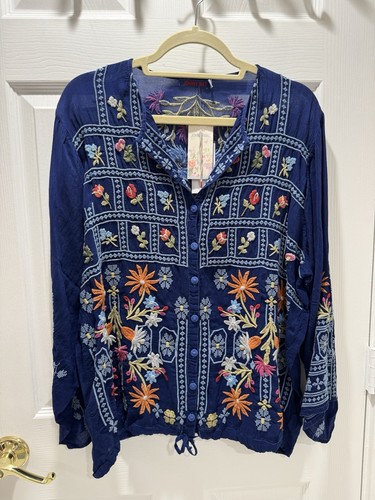Camicia Johnny Was blu scuro con bottoni e ricamo taglia XL 10% rayon cupra - Foto 1 di 9
