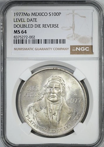 1977Mo Mexico Silver 100 Pesos S100P Level Date NGC MS64 Doubled Die Reverse DDR