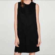 Mango Black Fringe Sleeveless Dress Oversized XS Faux Suede Festival Western