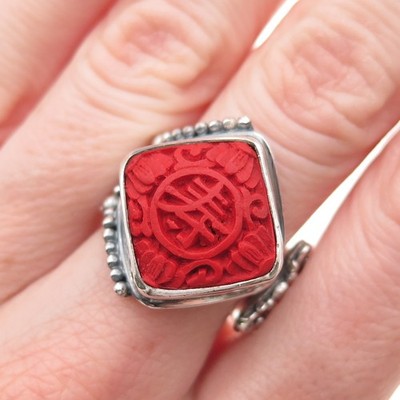 Sajen 925 Sterling Vintage Cinnabar Chinese Longevity Adjustable