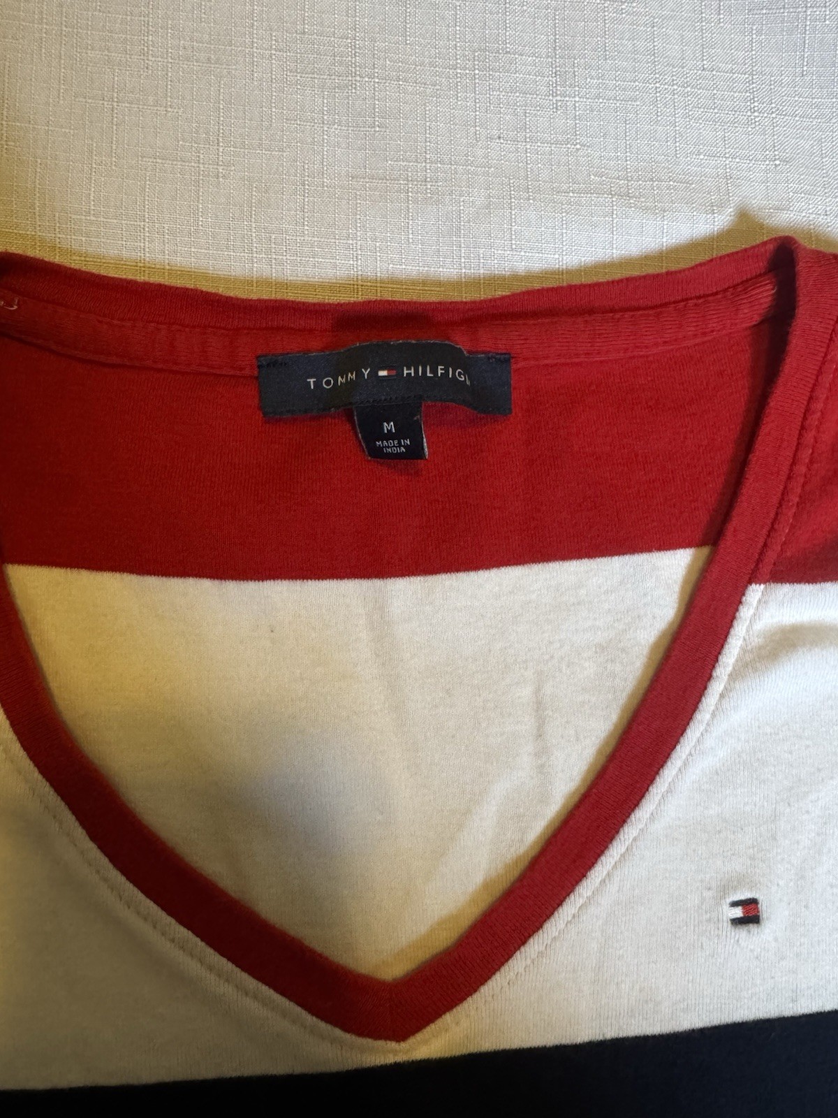 VTG Y2K Tommy Hilfiger Women’s Tshirt V Neck Color Blocked Striped Classic Med thumbnail 3