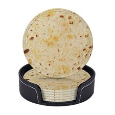 Tortilla Coasters for Drinks Set of 6, Round Leather Coaster with Holder, Dri...