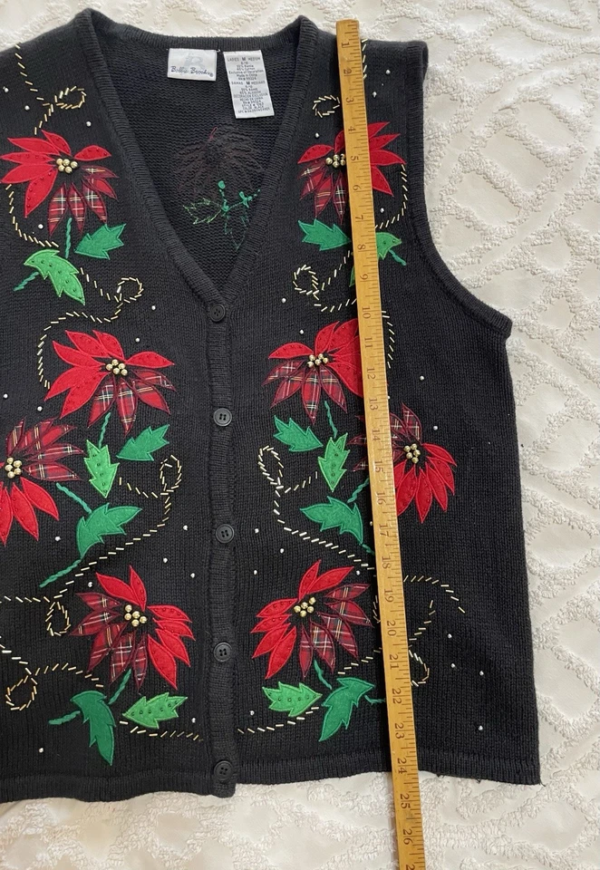 Chaleco de Navidad Bobbie Brooks Mediano Poinsettia Floral Embellecido Tejido Foto 3 de 4