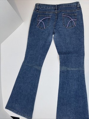 Vintage OTB Stretch Y2K Jeans Size 9 Flare Leg Denim Dark Wash Purple Embroidery