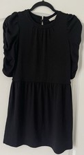 LOFT Petites Black Solid Knit A-Line Short Dress Ruffle Puff 3/4 Sleeve XSP
