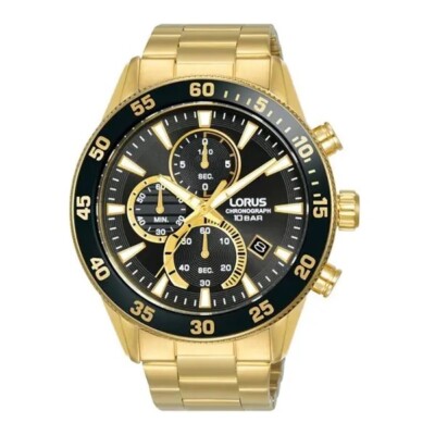 Lorus Herrenuhr RM330JX9 goldfarben Chronograph schwarzes Ziffernblatt Armband UVP 124,99 £