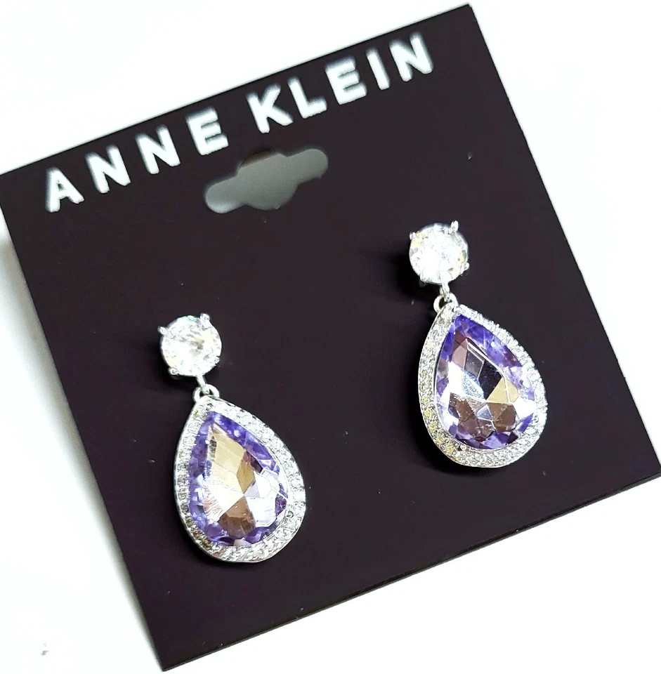 Pendientes colgantes Anne Klein con halo de pera de cristal púrpura enchapado en varios tonos plateados nuevos con etiquetas Foto 2 de 4