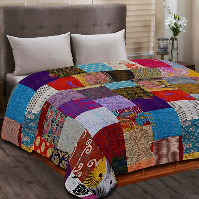 Indische KanthaSilk Quilt Tagesdecke Bettwäsche Überwurf Handarbeit Seide Pat...