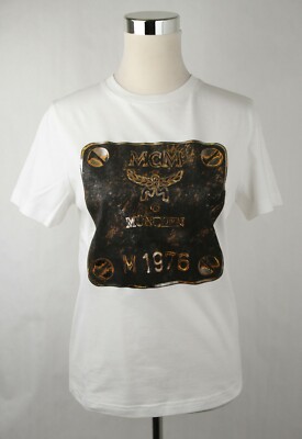 $265 MCM Women's White Cotton Short Sleeve Plaque Logo Print T-Shirt MFT8AMM02WT