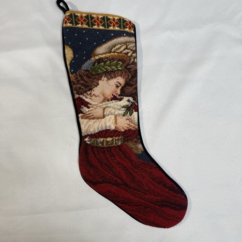 Vintage Christmas Needlepoint Stocking Cotton Wool Velvet Angel Dove Olive Leaf