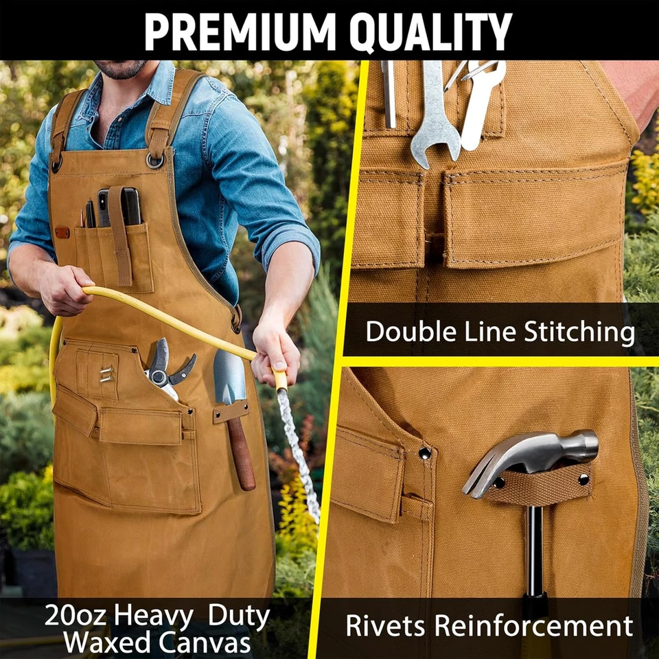 Woodworking Apron for Men, Shop Apron 20 Oz Canvas Work Apron with 9 Tool Pocket - Image 4 of 4