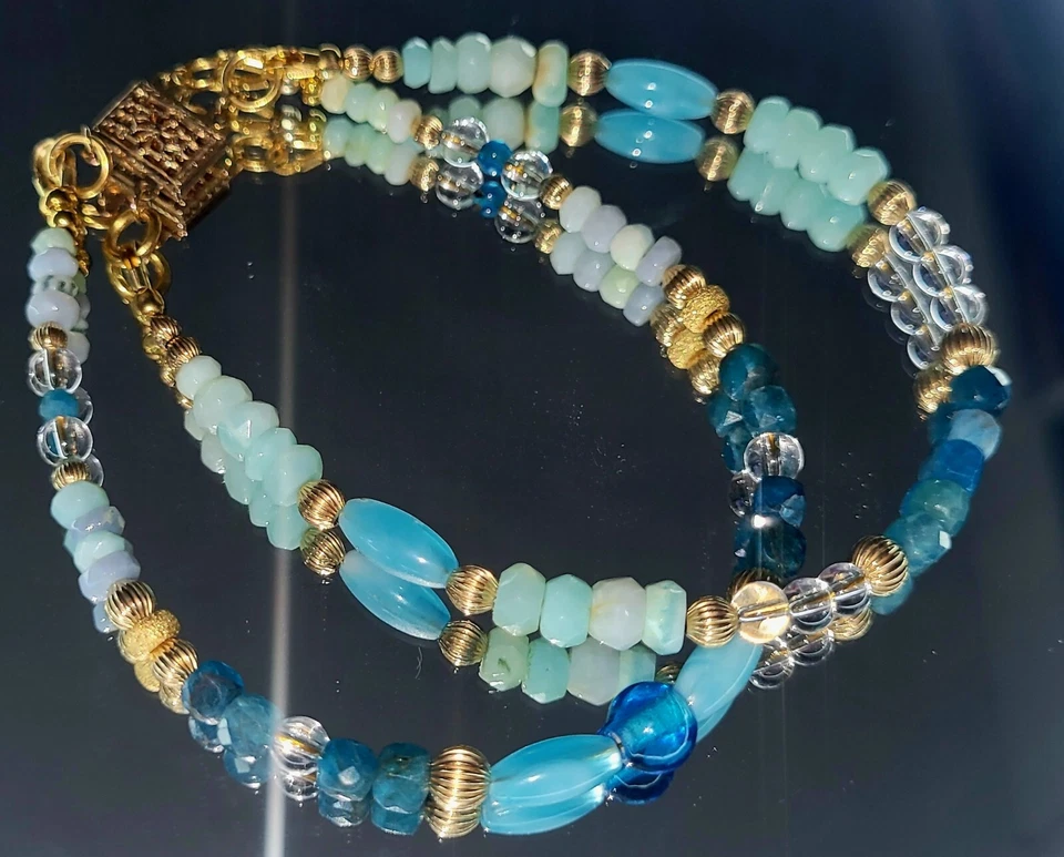 Pretty Handmade Opal, Neon Apatite And Crystal Double Stranded Bracelet - Image 4 of 4