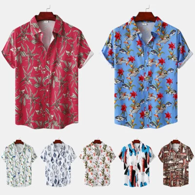 Kurzärmliges Hawaii-Button-Down-Hemd Für Herren Tropisches Sommer-Strand- ▽ - Bild 1 von 4