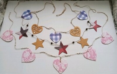 Hand Crafted Garland Lot 10 Hearts Stars Plaid  Newspaper Prints Wood Cardboard 