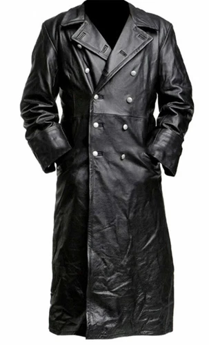 MEN'S GERMAN CLASSIC WW2 MILITARY UNIFORM OFFICER BLACK LEATHER TRENCH COAT - Picture 8 of 14