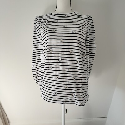 Loft Top Womens Small White Stripe Floral Long Sleeve Round Neck Blouse NWT