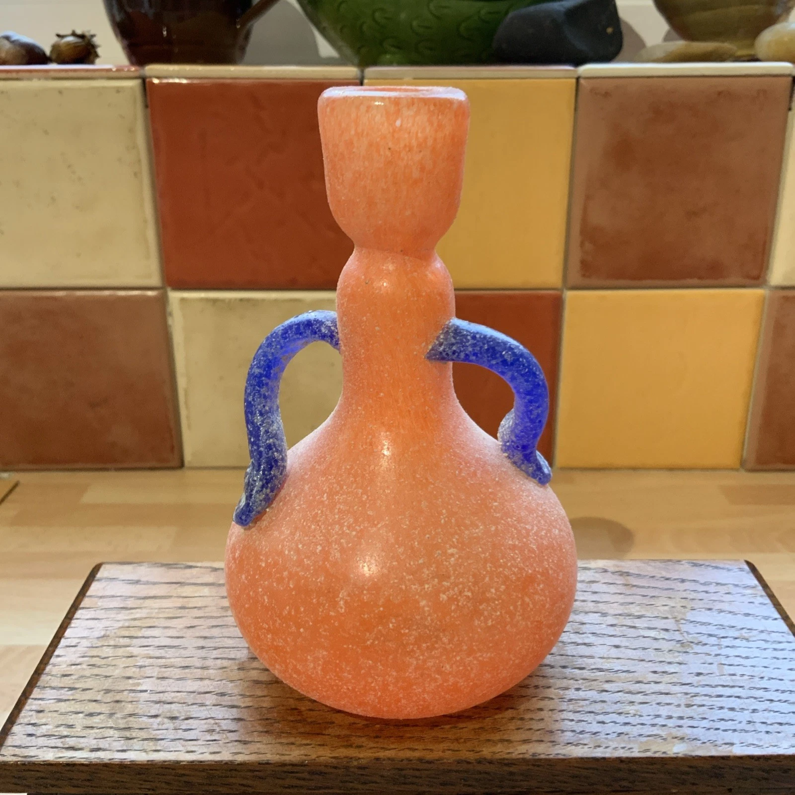Vintage Orange & Blue Bud Vase Hand Blown Art Glass Textured Collectable 5 1/8”