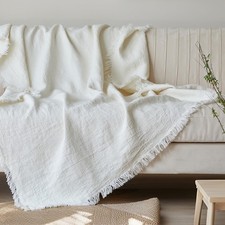100 Linen Throw Blanket 55x75" - Farmhouse Boho Tassel Couch Bed D cor, Cozy