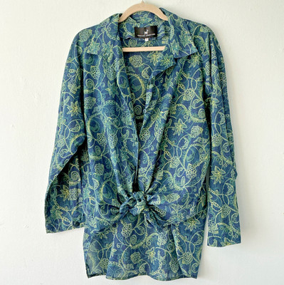 90s Peruvian Connection Blue Green Oversized Light Cotton Blouse Paisley Batik