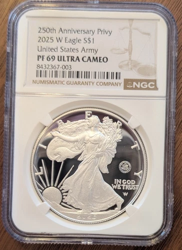 2025-W U.S. Army 250th Privy 1oz American Silver Eagle | NGC PF69 ULTRA CAMEO
