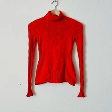 Roberto Cavalli SIZE 34 red seamless laser cut turtleneck long sleeve knit top