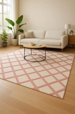 Handgetufteter Wollteppich: Rosa Geometrisch Kariert Flächenteppich