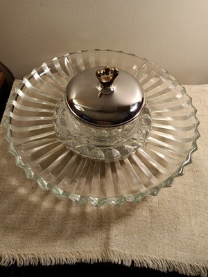 Vtg Kromex Glass Divided Platter, Lazy Susan, Center Dip Bowl, Chrome Lid & Base