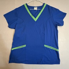 White Swan Medical Scrubs Shirt Womens Medium Top Blue With Lime Green Pockets