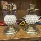 Vintage Candle Holders  Brass White Milk Glass Hobnail Sphere Taper Candlestick