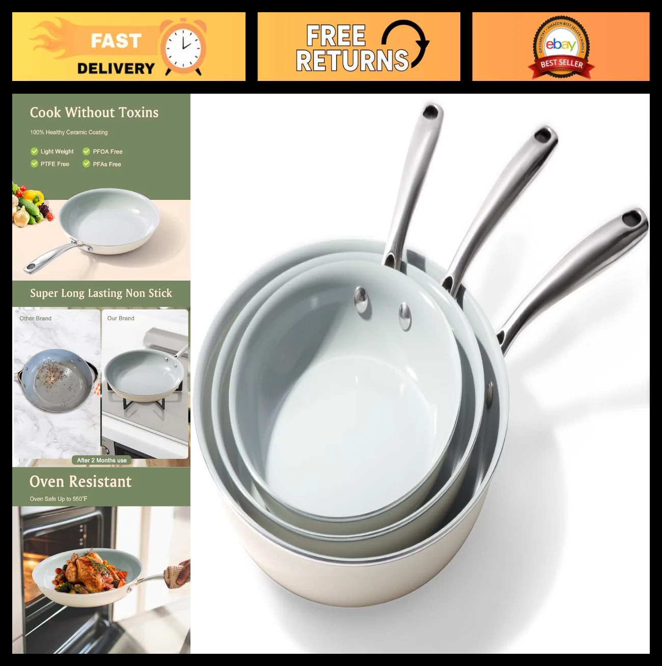 Nonstick Ceramic Frying Pans Set - 3 Pieces Skillet 8" 9.5" 11" - Healthy Cookwa