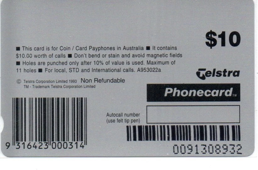 Telstra $10 Mint Phonecard-Payphone Centre 130 Pitt Street