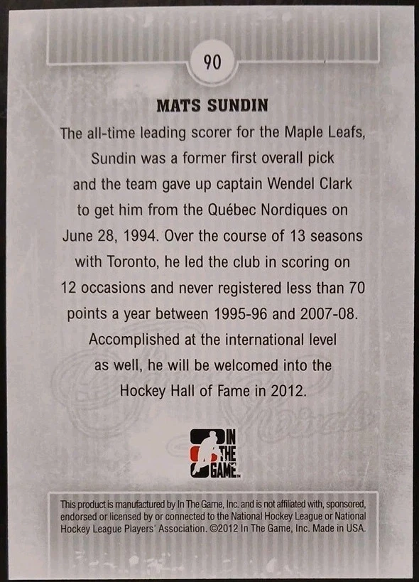2012 - 2013 ITG Mats Sundin Forever Rivals Gold /30 #90 Hockey Card - Image 2 of 2