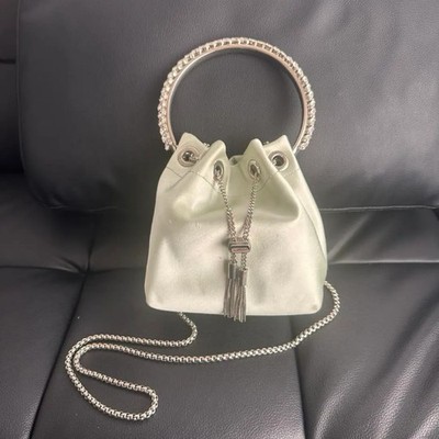 JIMMY CHOO BON BON Mint Green Satin Crystal Bracelet Handle Bag 2Way Used Japan