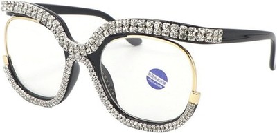 Rhinestone Reading Glasses for Women Oversized Stylish Round Blue Light
