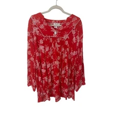 Tru Luxe Red Floral Embroidered Boho Long Sleeve Tunic XL EUC Pleated chest