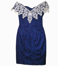Scott McClintock True 1980s Vintage Lace Floral Navy Dress Victorian Cottagecore