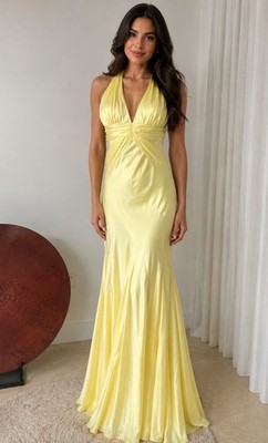 Ignite Evenings Yellow Halter Formal Gown Dress Size 12 Open Back Maxi Prom