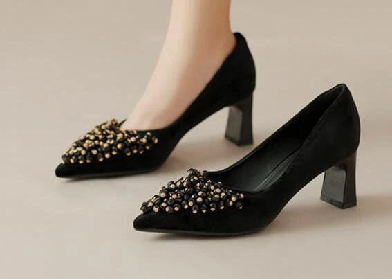 Mujeres Puntera puntiaguda Floral Estrás Piel Sin cordones Mocasines Tacones en Bloque Zapatos de Fiesta Foto 2 de 4