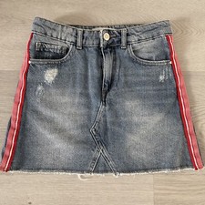 Zara Kids Blue With Side Pink Red White Stripe Denim Skirt Girls Size 9