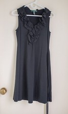 LAUREN Ralph Lauren BLACK RUFFLE NECK STRETCH A-LINE COTTON KNIT DRESS M