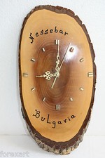 Vintage marvelous BULGARIA NESSEBAR natural wood wall clock Working Rare 17"