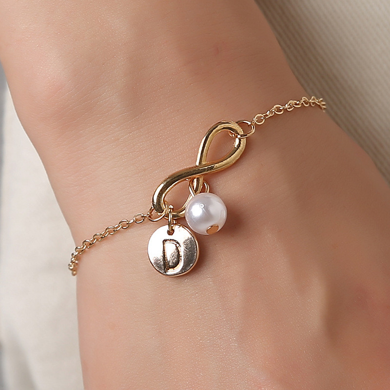 Women Creative Initial Knot Pearl Charm Bracelet Adjust Chain Bangle